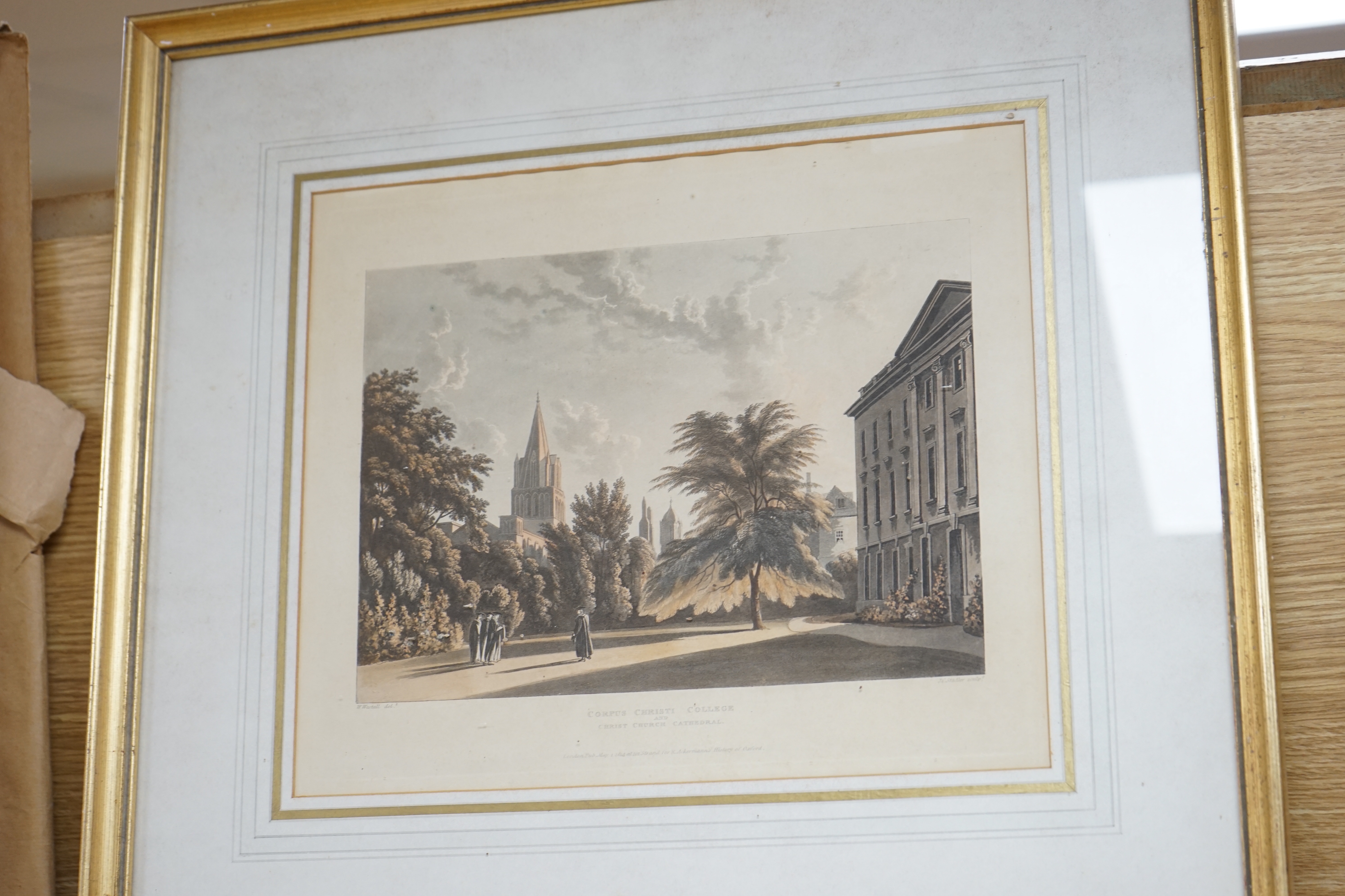 Two 19th century colour engravings, Corpus Christi College and Christchurch Cathedral, one published May 1st, 1841 for R. Ackermann's History of Oxford, London, one mounted, unframed, largest 26 x 31cm, together with Eto